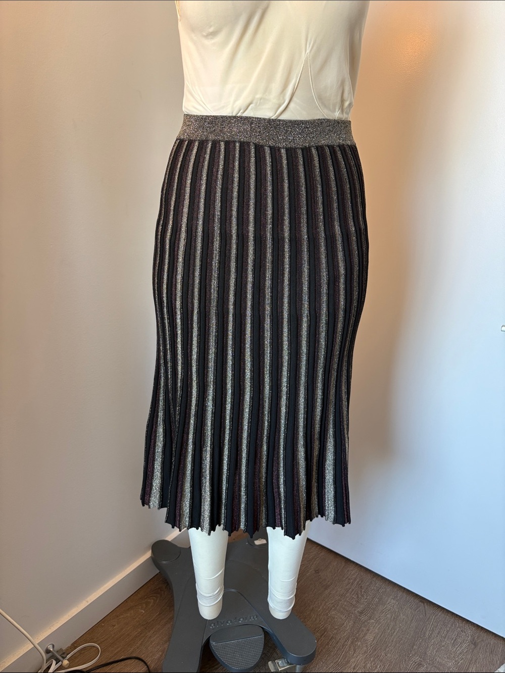 Scotch & Soda Black and Silver Ribbed Metallic Stripe Midi Skirt